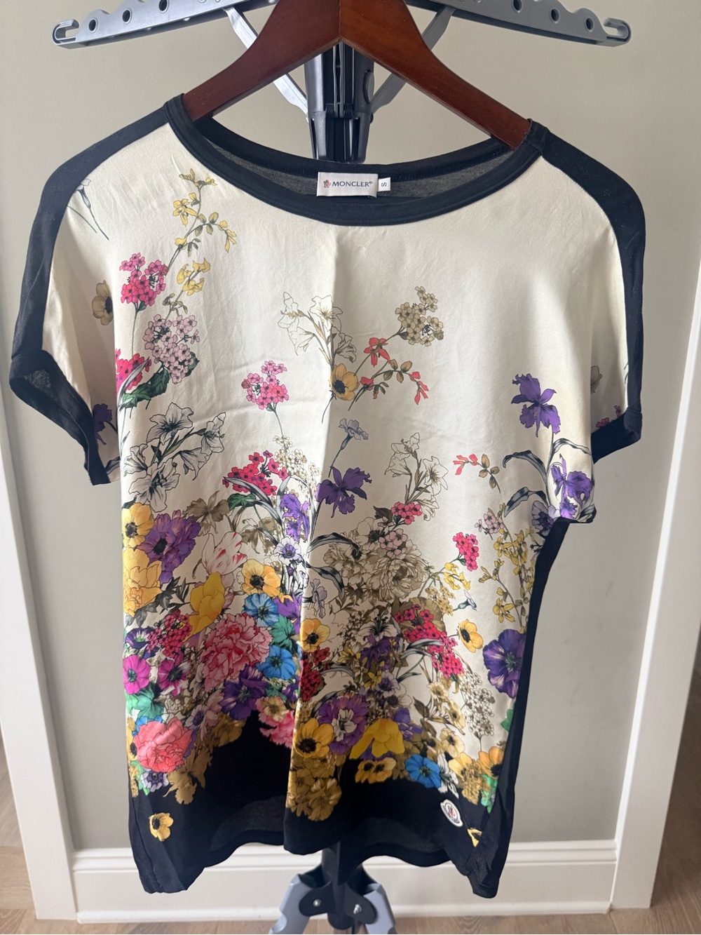 Moncler Cream Floral Short Sleeve Tee with silk front